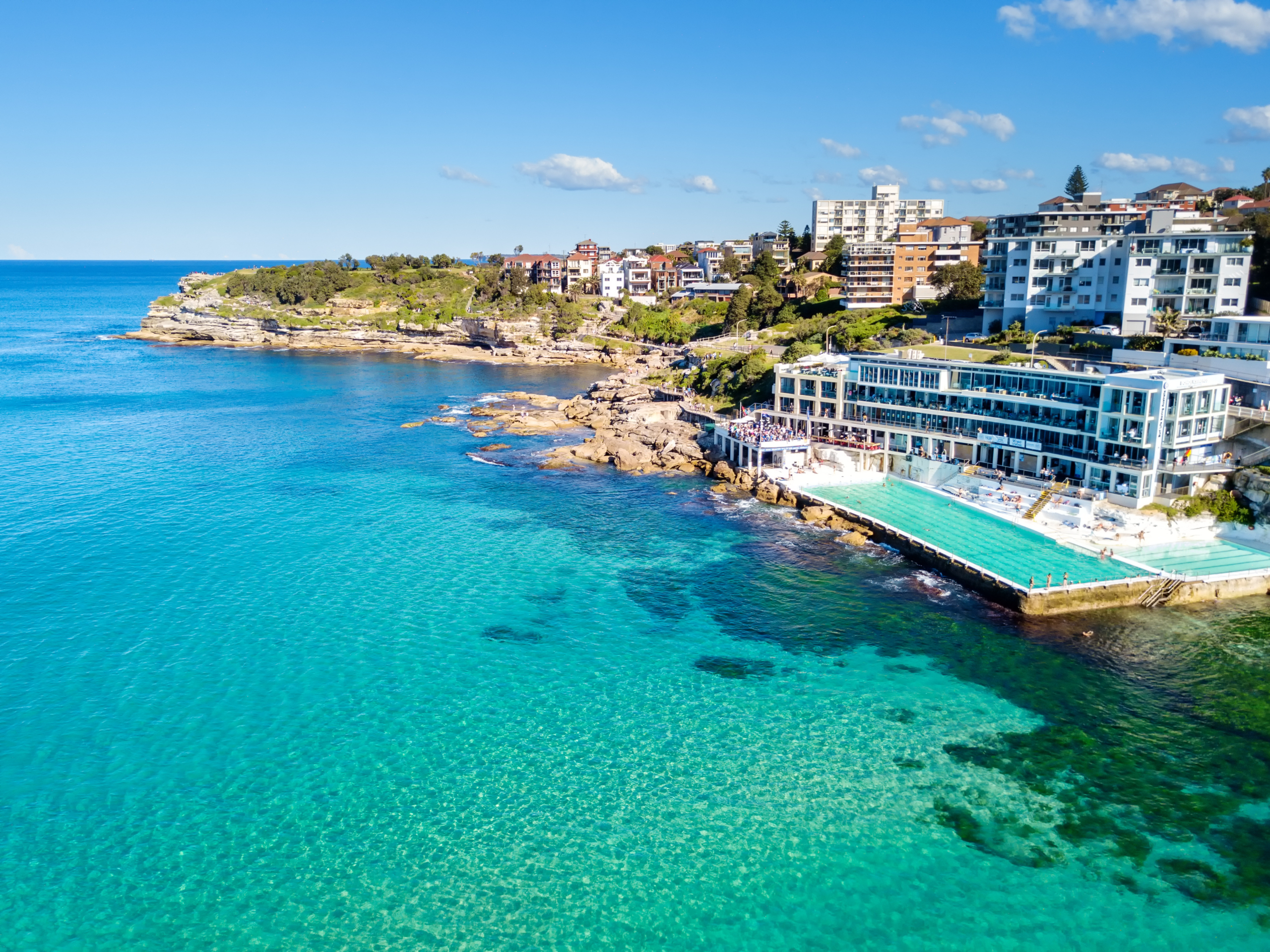 Bondi Beach aerial view with blue water